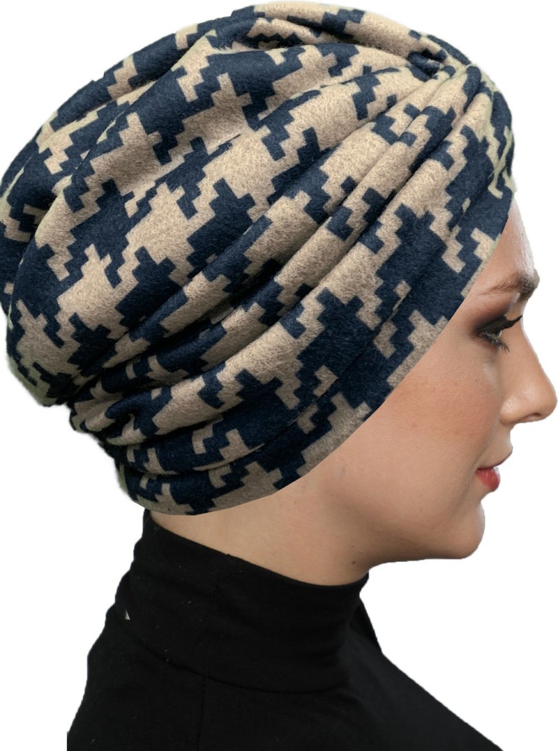 Fidan Bone Fidan Bonnet Angora Wool Lined Crowbar Patterned Navy Blue-Beige Ready Turban Hijab Cap Women's Beret  - Image 5