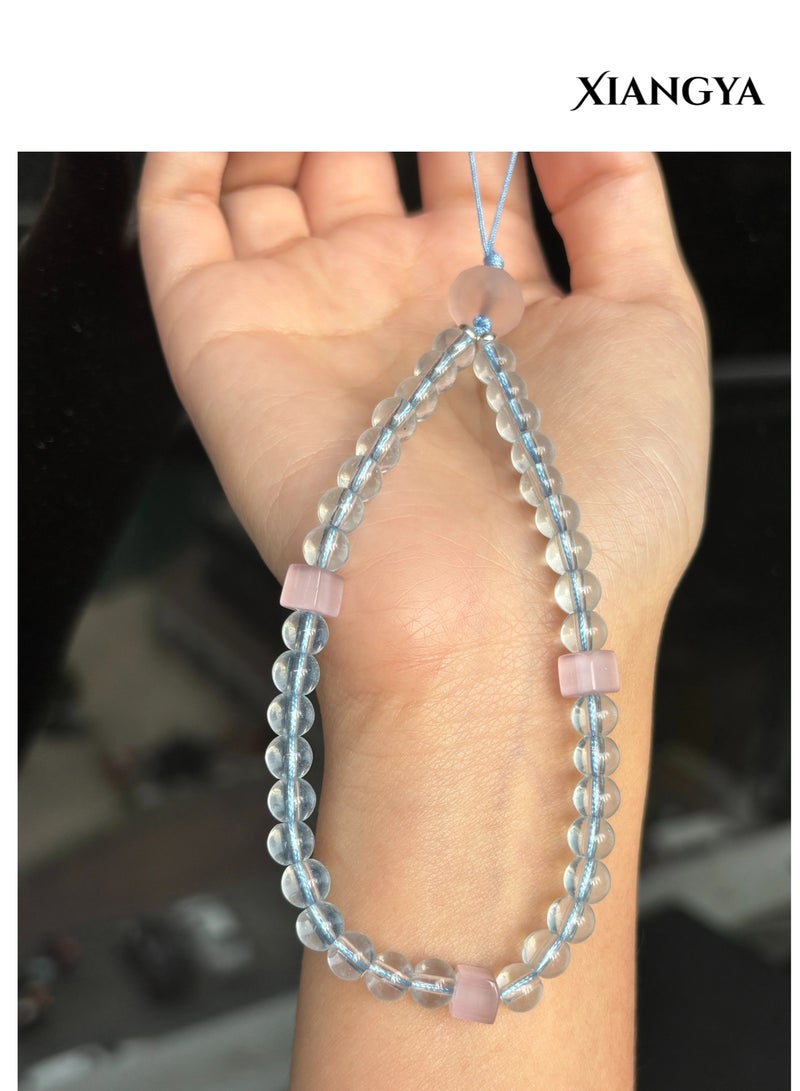 XIANGYA Phone Charm Lanyard Strap – Clear Blue Glass Bead Chain with Pink Frosted Beads & Cat’s Eye Stone for Phone/Bag/Keychain - Image 5
