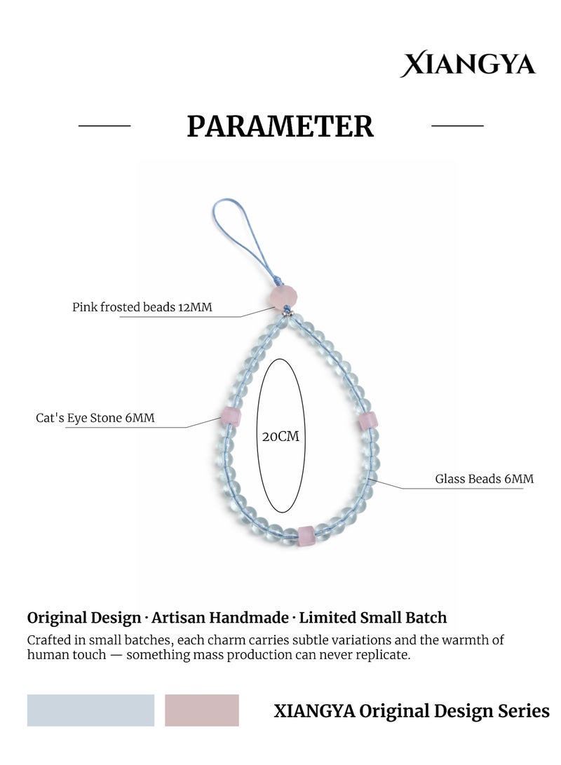 XIANGYA Phone Charm Lanyard Strap – Clear Blue Glass Bead Chain with Pink Frosted Beads & Cat’s Eye Stone for Phone/Bag/Keychain - Image 3