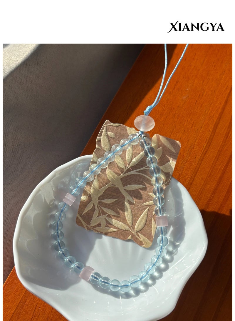 XIANGYA Phone Charm Lanyard Strap – Clear Blue Glass Bead Chain with Pink Frosted Beads & Cat’s Eye Stone for Phone/Bag/Keychain - Image 4