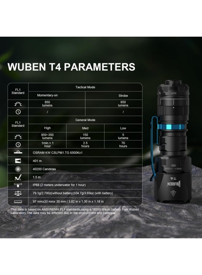 WUBEN T4 Tactical Flashlight Rechargeable, EDC Flashlight 850 High Lumen, 1315ft Long Throw Torch, IP68 Waterproof Camping Flashlight for Home, Inspection, Work - Image 3