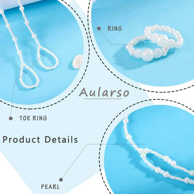 Aularso Boho Beaded Foot Chain 2PCS Pearl Anklet Chains Beach Layered Toe Ring Foot Chain for Women (White-2) - Image 3