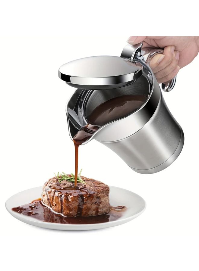 Silvery Double Insulated Gravy Boat Stainless Steel Sauce Jug With Hinged Lid 450ml 16 OZ Ideal For Thanksgiving Gravy Or Cream - Image 2