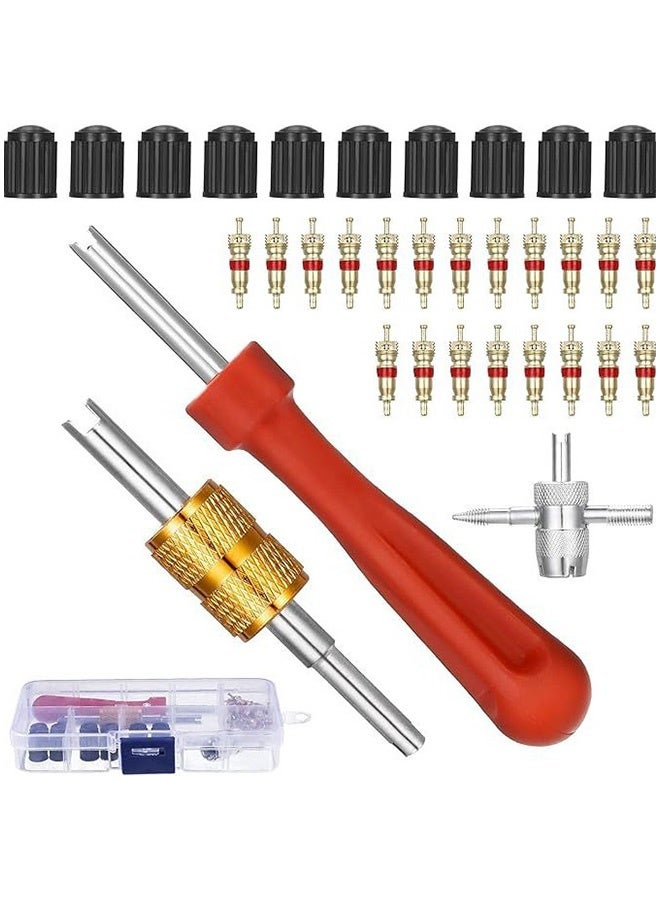 مجموعة أدوات إصلاح صمام الإطارات 33 قطعة، 10 أغطية صمام + 20 قلب صمام + 3 أدوات، مجموعة أدوات إزالة قلب الصمام مع علبة تخزين، لصيانة إطارات السيارة والدراجة والدراجة النارية - Image 1