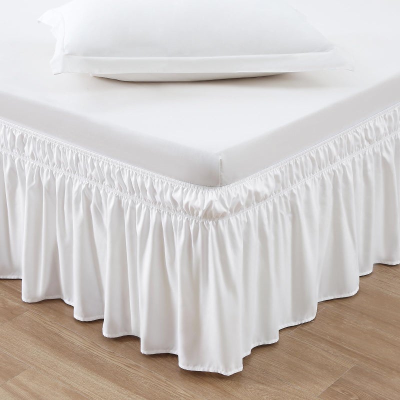 MEILA Wrap Around Bed Skirt Three Fabric Sides Elastic Dust Ruffled 16 Inch Tailored DropEasy to Install Fade ResistantNatural White QueenKing