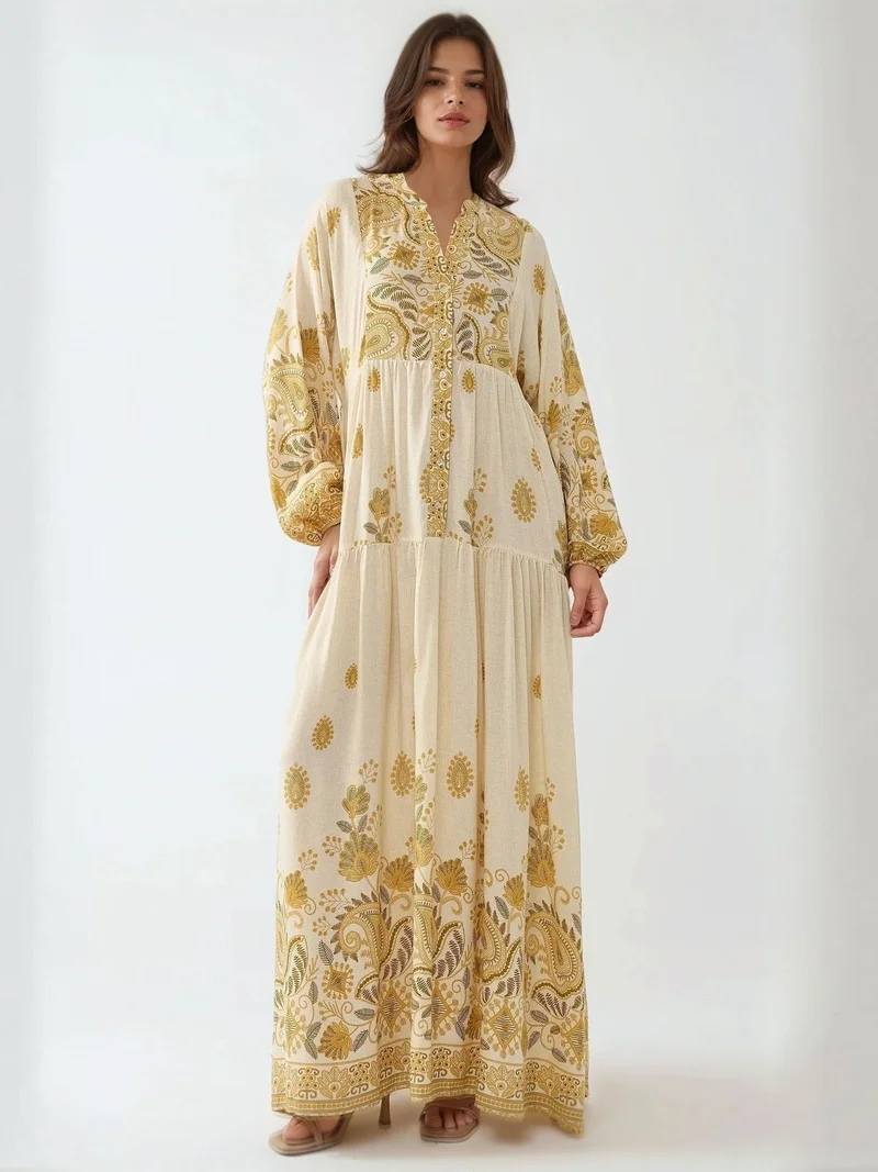 هيكاب Printed V-neck Maxi Dress with Button Detail