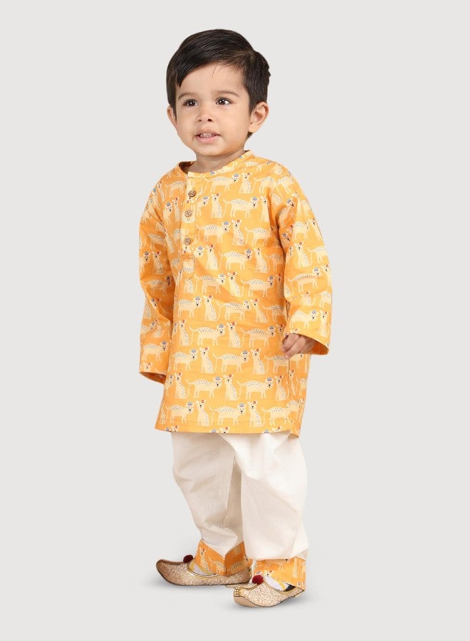 POLKA TOTS Cotton Full Sleeve Night Wear Kurta Payjama For Baby Kid - Yellow - 3-4 Y - Image 3