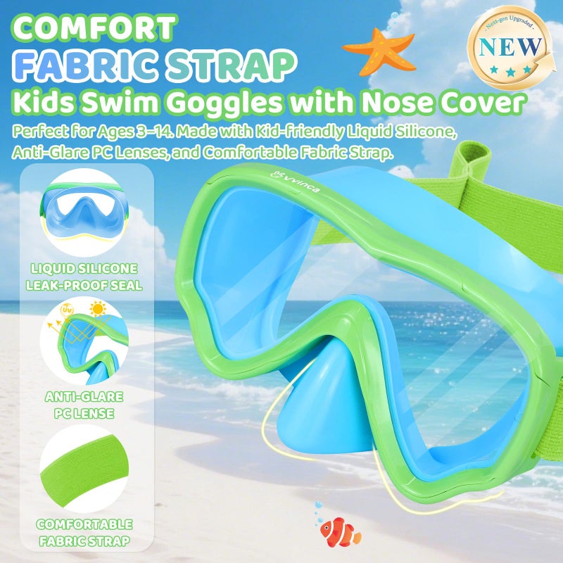 Vvinca Kids Swim Goggles with Nose Cover, Snorkel Diving Mask Fabric Strap Anti Fog Anti Shattered Lens Goggles for Kids 3-15 - Image 2