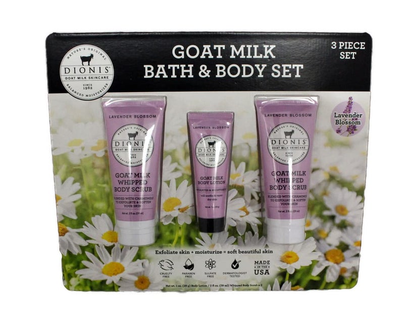 Dionis Goat Milk Bath Body Set 3 Piece Set 1 oz Body Lotion 2 fl oz Whipped Body Scrub x2 Cruelty Paraben Free Dermatologist Tested Lavender Scent - Image 1