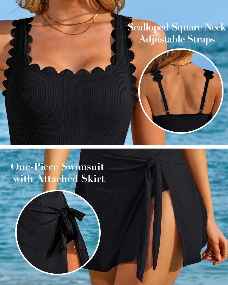 Charmo One Piece Swimsuit Women Bathing Suits Tummy Control Swim Suits Scalloped Square Neck Built-in Briefs Swimdress 2025 Black L - Image 4