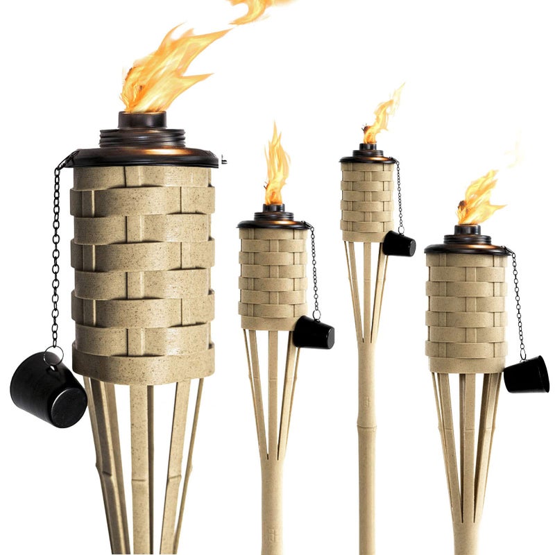 ONETHATCH Bamboo Torches, Outdoor Citronella Torch (Weathered Color, 4pack); Large Patio Torch, Great for Tropical Decor, Lighting, and Luau Party; Easy Refill Wide-Mouth Canister, Stands 60" Tall - Image 1