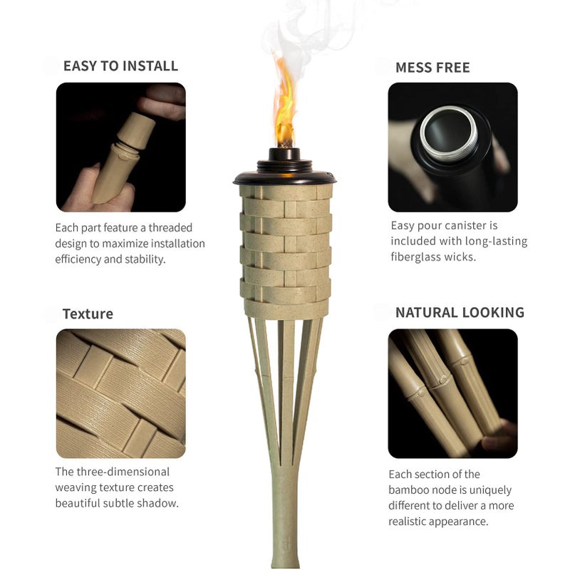 ONETHATCH Bamboo Torches, Outdoor Citronella Torch (Weathered Color, 4pack); Large Patio Torch, Great for Tropical Decor, Lighting, and Luau Party; Easy Refill Wide-Mouth Canister, Stands 60" Tall - Image 4
