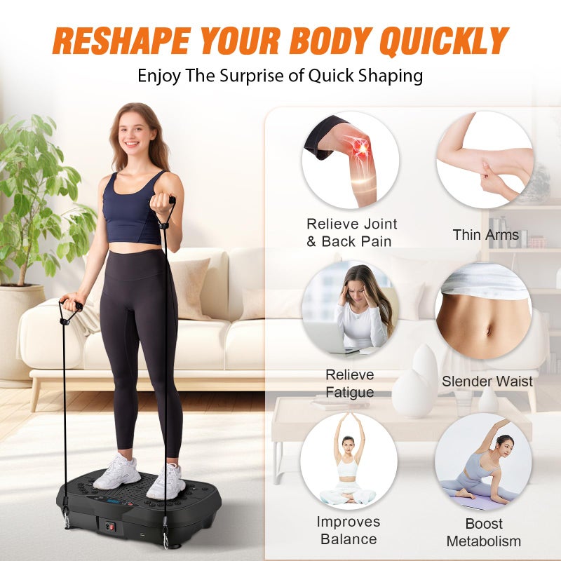 ALSO GO Vibration Plate Exercise Machine, 200-Level & 10 Workout Modes Vibration Platform for Weight Loss/Lymphatic Drainage, 400lbs Capacity Vibration Board with Resistance Bands for Full Body Workout-Black - Image 4