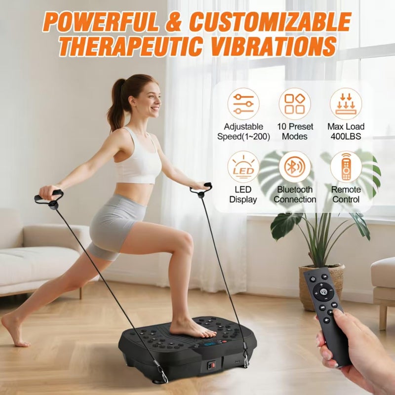 ALSO GO Vibration Plate Exercise Machine, 200-Level & 10 Workout Modes Vibration Platform for Weight Loss/Lymphatic Drainage, 400lbs Capacity Vibration Board with Resistance Bands for Full Body Workout-Black - Image 3