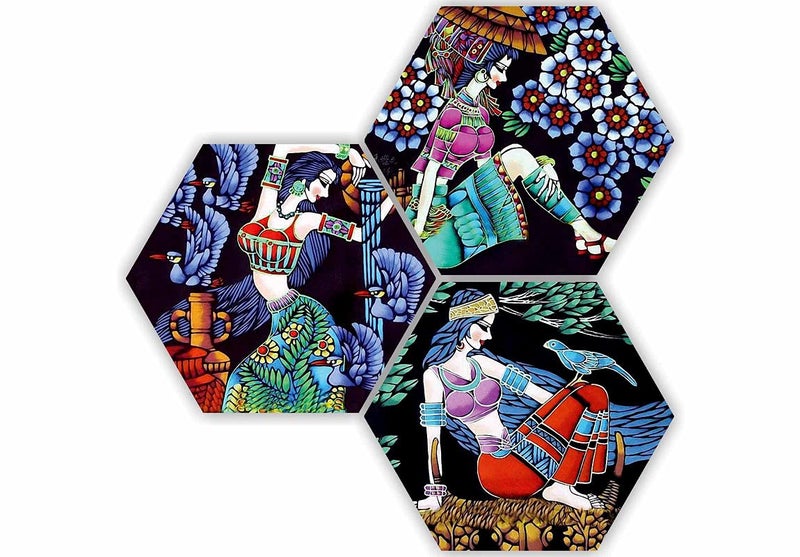 SAF Dancing and Modeling Lady Modern Art with Animal 3 Piece of Hexagon UV Textured Multi-Effect Self Adheshive Painting 17 Inch X 17 Inch SANFHX150 - Image 1