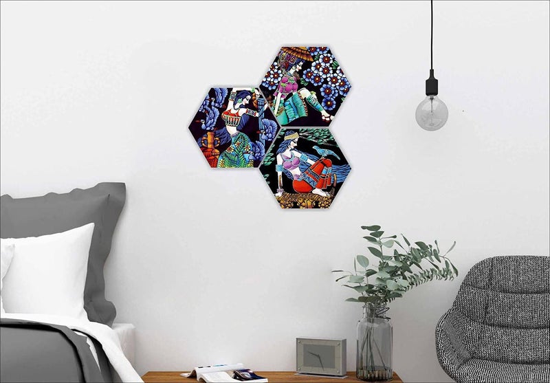SAF Dancing and Modeling Lady Modern Art with Animal 3 Piece of Hexagon UV Textured Multi-Effect Self Adheshive Painting 17 Inch X 17 Inch SANFHX150 - Image 2