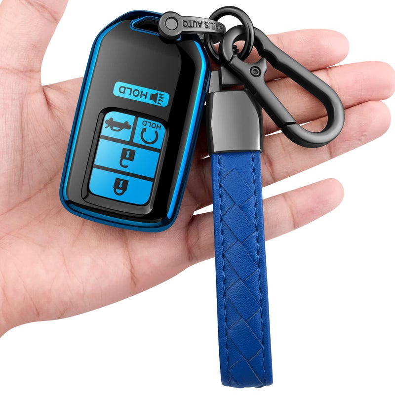 Sindeda for Honda Key fob Cover with Leather Keychain,Soft TPU Full Cover Protection,Key fob case Compatible With Honda Accord Civic CRV Pilot Odyssey Passport Smart Remote Keyï¼ŒKey Fob Shell-Blue - Image 1