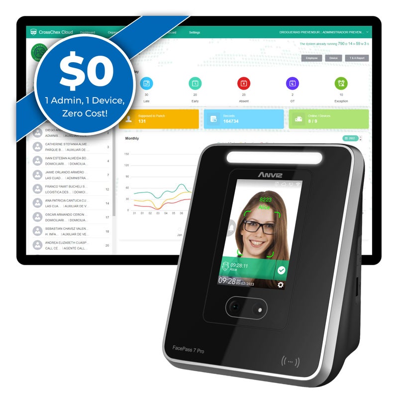 ANVIZ ساعة أنفيز للموظفين للأعمال الصغيرة FacePass 7 Pro آلة تسجيل الدخول والخروج البيومترية مع دعم الوصول إلى الأبواب وبرنامج سحابي مجاني إلى الأبد