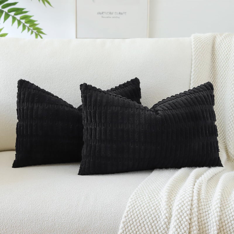 JOTOM Corduroy Soft Striped Throw Pillow Case 40x60 cm Boho Decorative Throw Pillow Covers Lumbar Cushion Case Couch Home Decor Cushion Covers for Sofa Bedroom 16x24 Inch Set of 2 Black