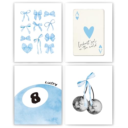 okaxscm Blue Coquette Trendy Preppy Wall Art Prints Set of 4, Coquette Room Decor, Preppy Room Decor Aesthetic, Blue Bow Disco 8 Ball Cherry Wall Decor Posters for Girls Bedroom Dorm, 8x10 Unframed - Image 1