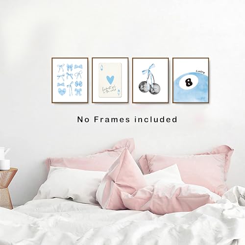 okaxscm Blue Coquette Trendy Preppy Wall Art Prints Set of 4, Coquette Room Decor, Preppy Room Decor Aesthetic, Blue Bow Disco 8 Ball Cherry Wall Decor Posters for Girls Bedroom Dorm, 8x10 Unframed - Image 4