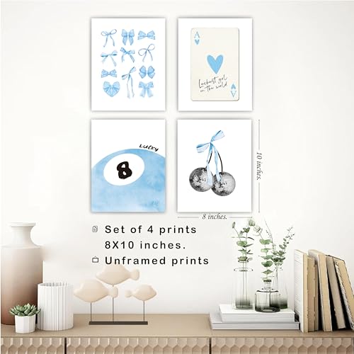 okaxscm Blue Coquette Trendy Preppy Wall Art Prints Set of 4, Coquette Room Decor, Preppy Room Decor Aesthetic, Blue Bow Disco 8 Ball Cherry Wall Decor Posters for Girls Bedroom Dorm, 8x10 Unframed - Image 3