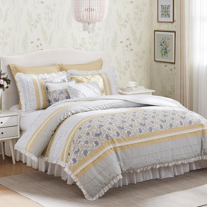 DAWN 100 COTTON SHABBY CHIC COMFORTER SETMODERN COTTAGE DESIGN ALL SEASON DOWN ALTERNATIVE BEDDING MATCHING SHAMS BEDSKIRT DECORATIVE PILLOWS QUEEN90X90 YELLOW 9 PIECE