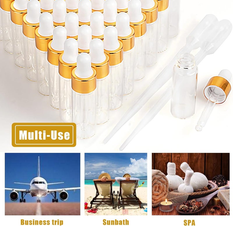 Easeen Sample Dropper Bottles, Mini Dropper Bottles with 2 Pcs Plastic Droppers for Traveling Essential Oils DIY Cosmetic Liquid Sample Perfume, Gold, 5ML-50PCS, Minimalist - Image 4