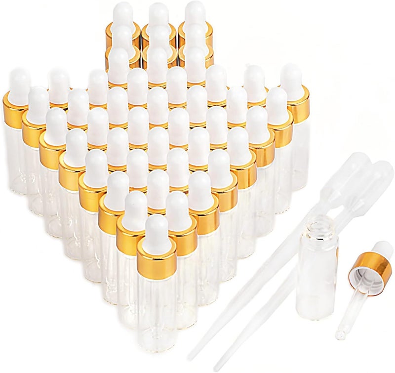 Easeen Sample Dropper Bottles, Mini Dropper Bottles with 2 Pcs Plastic Droppers for Traveling Essential Oils DIY Cosmetic Liquid Sample Perfume, Gold, 5ML-50PCS, Minimalist - Image 1