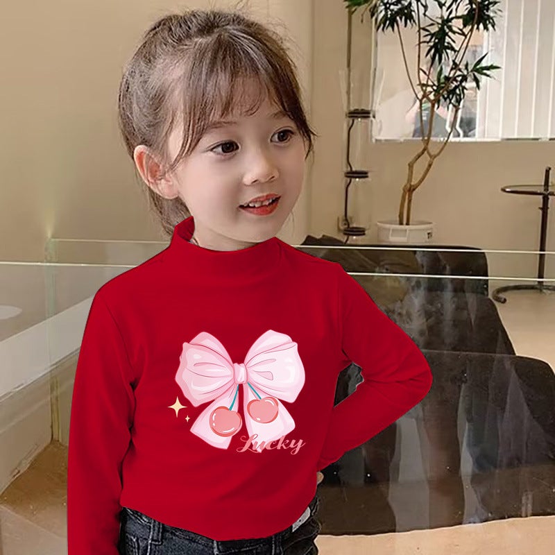 Y2007# Girls' Long Sleeve T-Shirt Top Base Shirt De Velvet Semi-High Collar Children'S Boys' Autumn Warm T-Shirt - Image 1