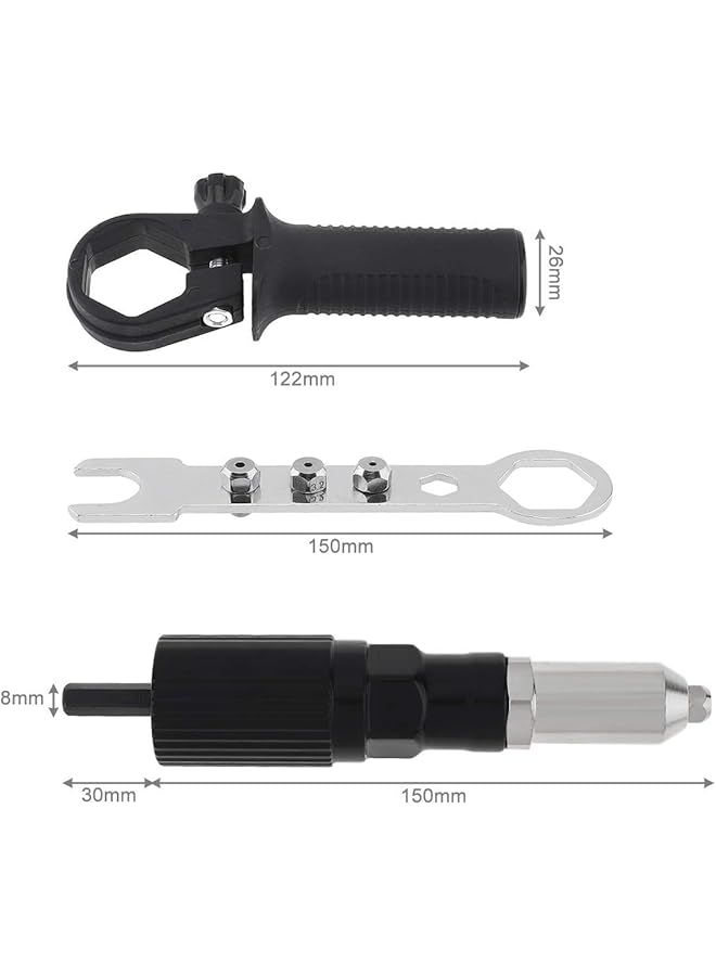 Excefore Electric Riveting Gun Adapter, Black Alloy Steel Rivet Adapter With Multiple Rivet Head Sizes (2.4/3.2/4.0/4.8Mm) And Handle Wrench, Compatible With Electric Drills For Efficient Riveting - Image 2