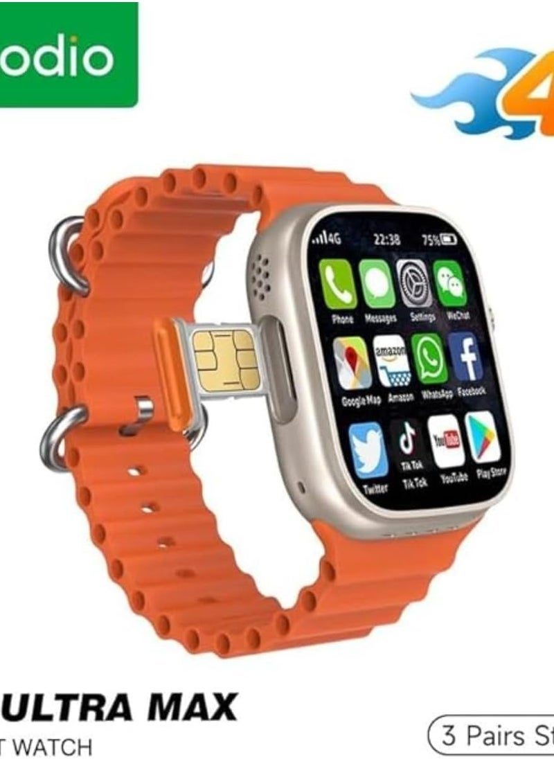 modio 4G Ultra SIM Smartwatch with 2.2" HD Display – 4GB RAM, 64GB Storage – Waterproof Fitness Tracker with Heart Rate Monitor, GPS, Bluetooth Calls, Notifications, Apps Access including YouTube & Facebook – Includes 3 Straps: Leather, Stainless Steel & Sport - Image 5