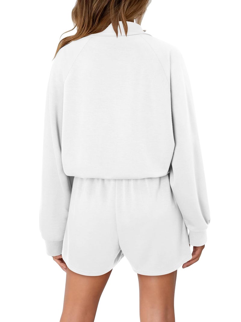 KISSMODA 2 Piece Sets for Women Sweatsuit Half Zip Sweatshirts Casual Tracksuits Long Sleeve Pullover Tops and Shorts 2025 Lounge Outfits White Large - Image 2