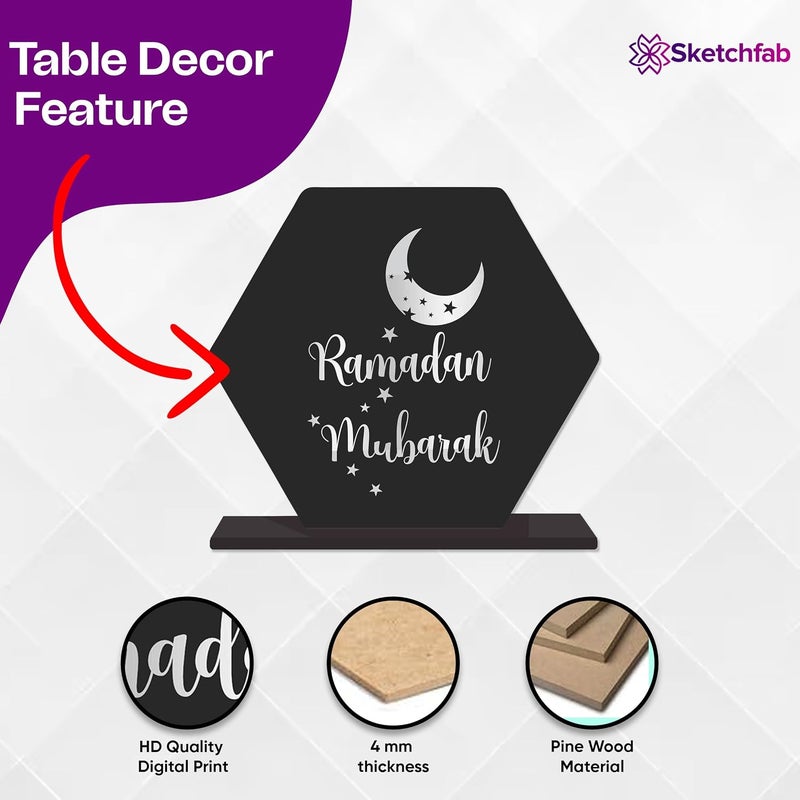 Sketchfab زخرفة طاولة خشبية أنيقة "رمضان مبارك" من سكيتش فاب - تصميم هلال ونجوم سداسي | أفضل هدية - Image 4