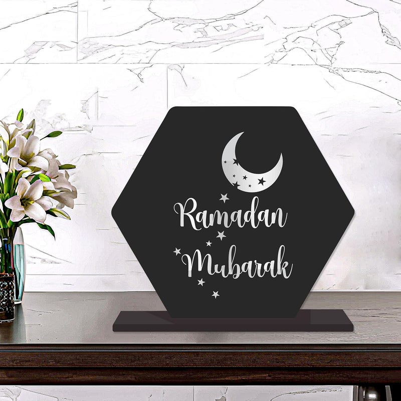 Sketchfab زخرفة طاولة خشبية أنيقة "رمضان مبارك" من سكيتش فاب - تصميم هلال ونجوم سداسي | أفضل هدية - Image 1