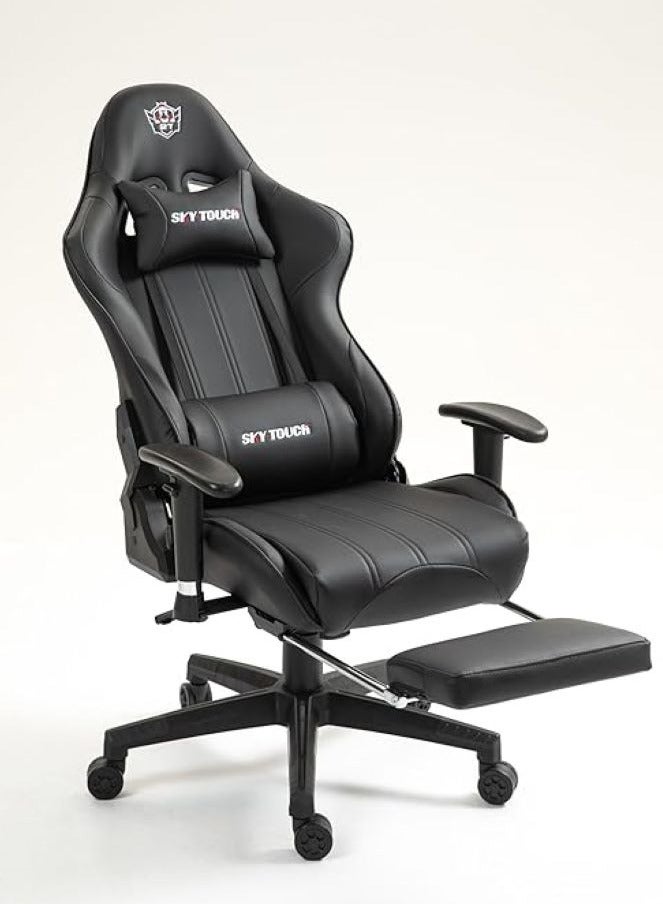 SKY-TOUCH Ergonomic Gaming Chair, Reclining with Headrest, Footrest, and Lumbar Support, Adjustable Armrests, PU Leather, Height Adjustable, 360° Swivel, 54x52x132cm, Black（New upgrade)  - Image 4