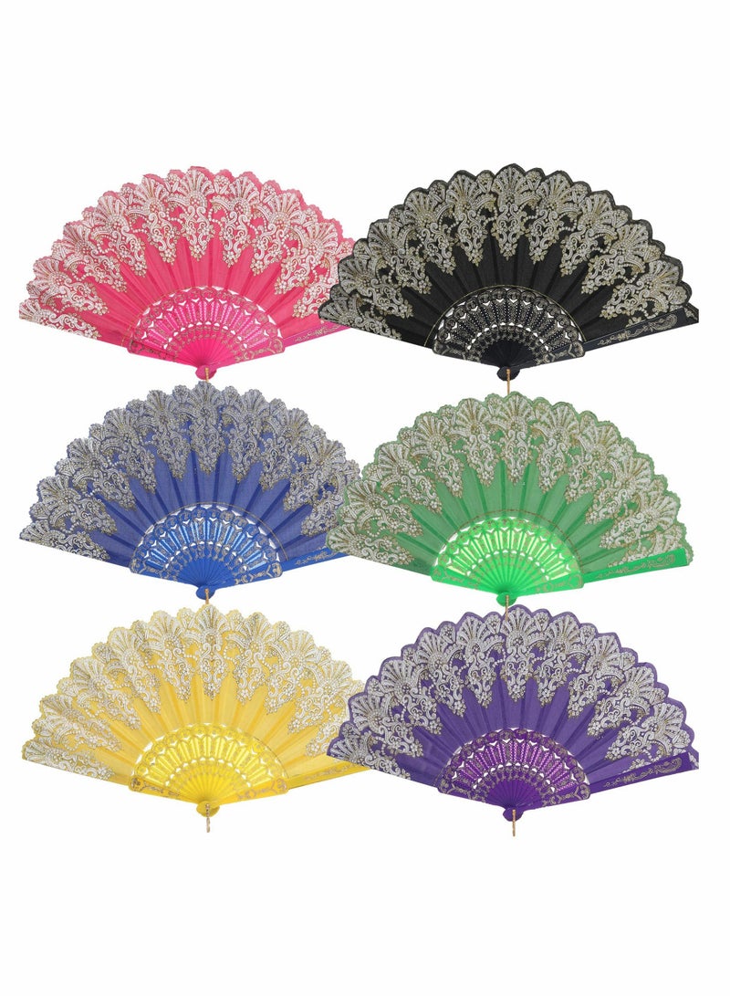 KASTWAVE Vintage Folding Hand Fan,  Gold Decoration Handheld Folding Fan Fabric Folding Fan for Wedding Dancing Party 6pcs - Image 1