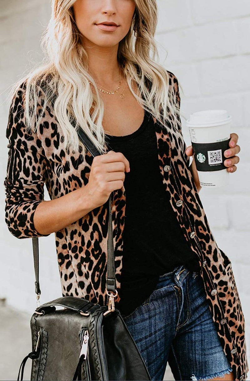 QegarTop Shirt Cardigan for Women Printed Cardigan Leopard Coat Long Sleeve Open Front Cardigan Top w Pockets Brown - Image 3