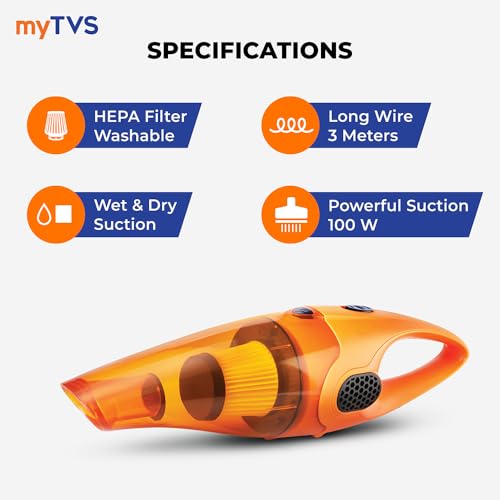 myTVS Pull Max High-Power Car Vacuum Cleaner, 100W Powerful Suction | 12V DC Portable Handheld Vacuum Wet & Dry Cleaning | Washable HEPA Filter | Multiple Accessories for Deep Cleaning, Long Wire TI-5 - Image 3