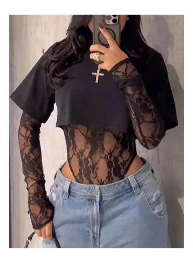 VEILLE Black Elegant Transparent Lace Body for Daily and Evening Outfits, Stylish Lace Blouse with Fine Texture Women's Top.