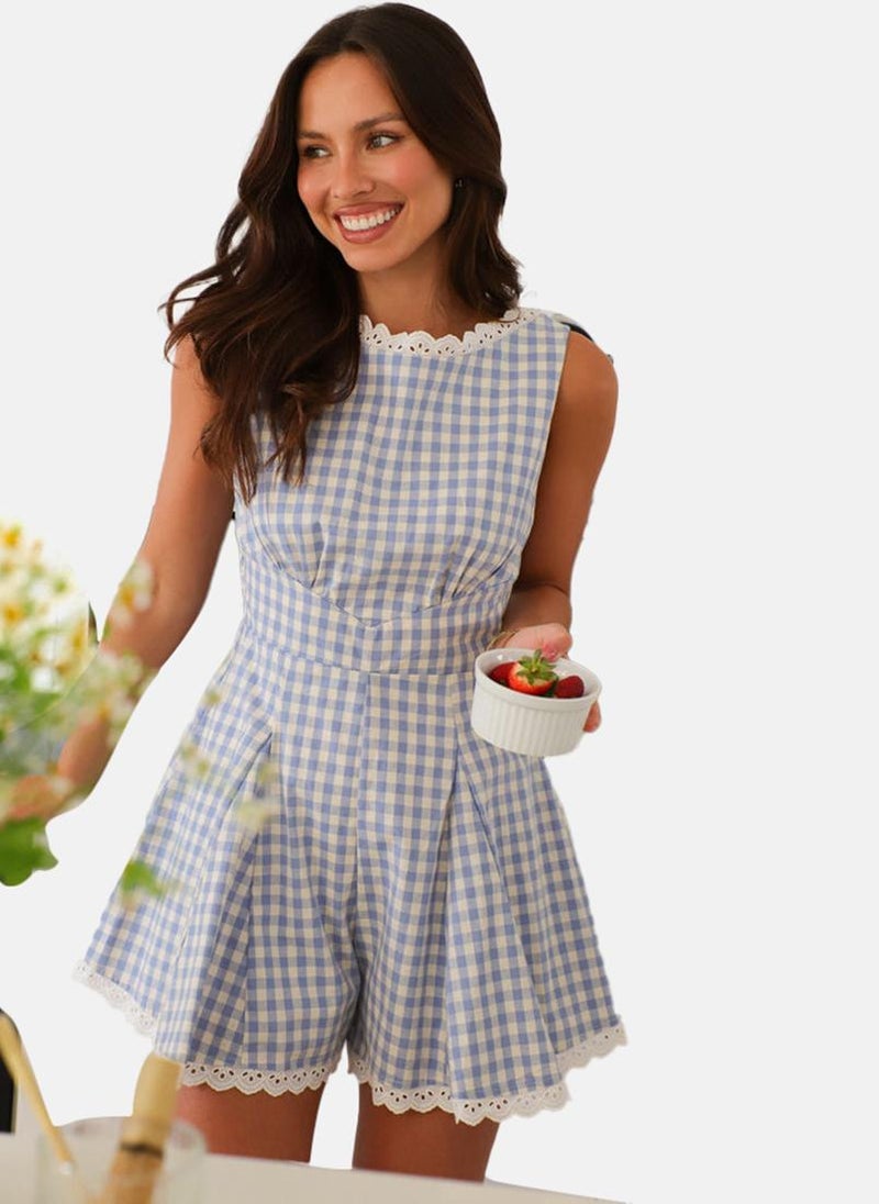 يونيكي جمبسوت قصير كاروهات بياقة قارب أزرق فاتح - Image 2