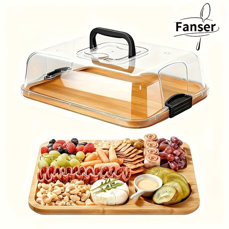 Bamboo Wood Cheese Board With Acrylic Lid for Serving Snacks Portable Cutting Tray - Image 1