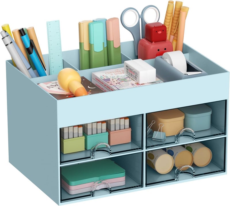Home Cube Multi-Functional Desk Organizer With 4 Compartments & 4 Pull Out Drawer Desktop Office Supplies Stationery Storage Box Cosmetic Organizer For Pens Staplers Clips Sticky Notes-Blue-Plastic - Image 1