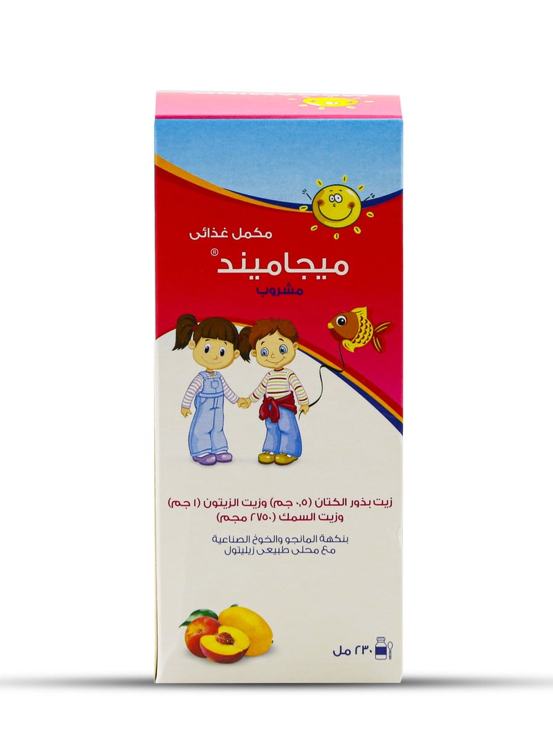 سوليندا مشروب ميجاميند زيت السمك 2.75 غرام وزيت الزيتون 1 غرام وزيت بذر الكتان نكهة المانجو والخوخ 230 مل شراب - Image 1