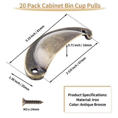 Bivethoi 20 Pack Cabinet Bin Cup Pulls Antique Bronze Half Moon Drawer Pulls, 2-5/8 Inch / 67mm Hole Center Dresser Pull Hardware Shell Pull Handles, Vintage Metal Cupboard Handles for Kitchen Closet - Image 4