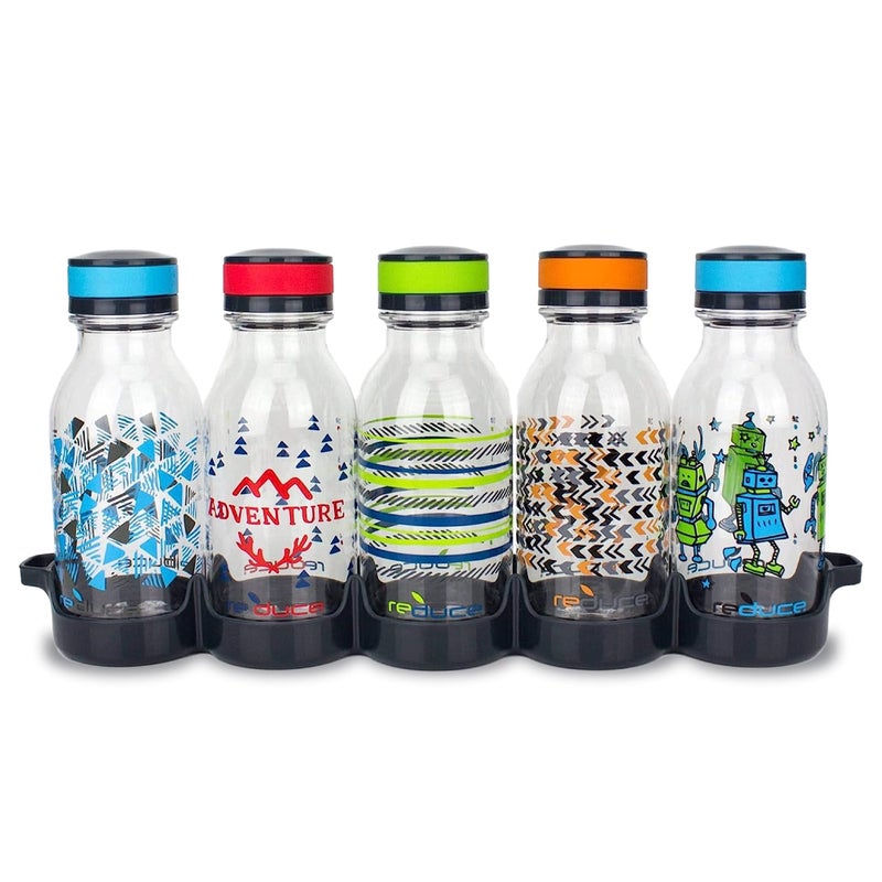 REDUCE WaterWeek Refillable Water Bottles  14 oz - Includes 5 WaterWeek Leak Proof Tritan Reusable Water Bottles - Includes Fridge Tray For Your Water Bottles - Adventure