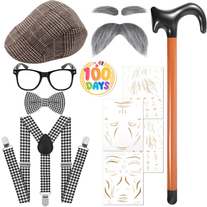 Fabllewavi 8PCS Old Man Grandpa Costume - Hat Suspenders Bow Tie Fake Eyebrows Whiskers Glasses Cane Badge Tattoo for Cosplay (BK Plaids) - Image 1
