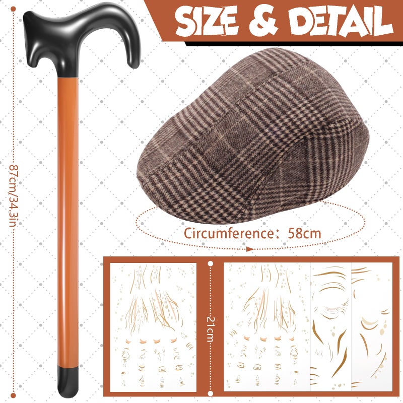 Fabllewavi 8PCS Old Man Grandpa Costume - Hat Suspenders Bow Tie Fake Eyebrows Whiskers Glasses Cane Badge Tattoo for Cosplay (BK Plaids) - Image 3