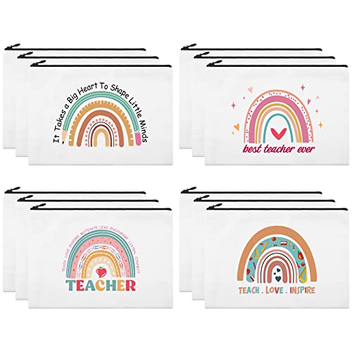 Kajaia 12 Pcs Teacher Gifts Makeup Bags Teacher Appreciation Travel Toiletry Canvas Cosmetic Pencil Survival Kit Bag for Women Zipper Pouch Bag Thank You Gifts Bulk (Rainbow Heart) - Image 1