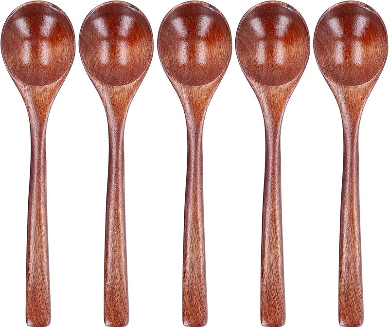 5PCS Wooden Spoons for Eating, Wooden Soup Spoons Long Handle Wood Utensil for Eating Wood Ladles Fit Cooking Mixing Stirring - Image 1